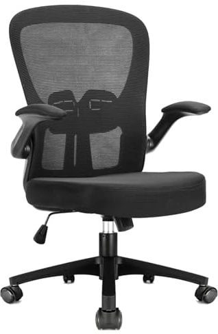 Durrafy Office Chair Ergonomic, Desk With 90° Flip-up Armrests and Lumbar Support, Mid Back Office Desk Chair, Height-Adjustable, Mesh Swivel Chair with Silent casters, Suitable for Home Office