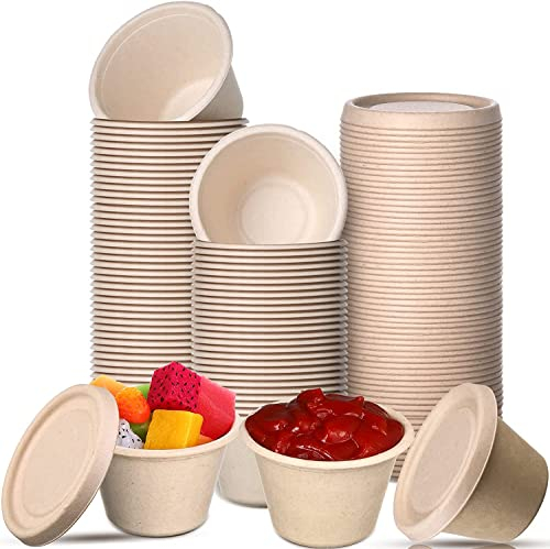 50 x 2oz, 4oz Bagasse Fiber Condiment Cups with Lids, Sauce Containers Paper Sample Portion Cup Disposable Souffle for Snack Dressing Food Storage (4oz)