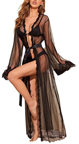 ROSVAJFY Damen Durchsichtig Kimono Robe Lang Dessous Robe Spitze Bikini Cover Up Strandkleid Sexy Mesh Morgenmantel Kleid Transparente Babydoll Negligee Cardigan mit Gürtel (Schwarz)