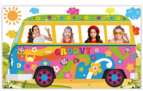 60er Jahre Hippie Bus Foto Requisite – Große Stoff Retro Groovy Van Prop Hippie Selfie Rahmen Hintergrund Banner Geburtstag Party Supplies Retro 60er 70er Jahre Party Favors 65,8 x 35,4 Zoll