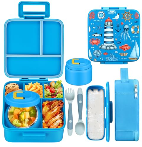 MAISON HUIS Bento-Lunchbox mit 237 ml Suppen-Thermo, 5 Fächern, auslaufsicherer Behälter, Thermobehälter für heiße Speisen und isolierte Lunchtasche, BPA-frei, Reisen, Schule