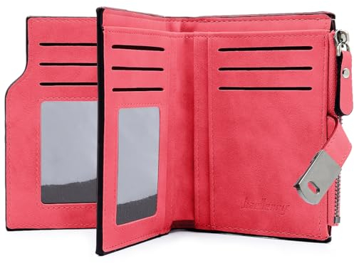 Portefeuille Femme en PU Cuir Porte Monnaie pour Femme Lisse et Souple Portefeuille Petit Format Compact avec 16 Emplacements de Carte, Porte-Monnaie Court en Cuir Synthétique Bifold (Rouge)