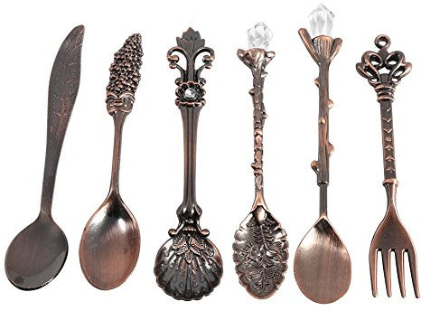 Ezweiji Set di 6 cucchiai vintage per la famiglia, set da 6 pezzi Coffee Spoon, in stile retrò, stile reale, oro, argento, in metallo anticato, set di posate da caffè, dessert cucchiai