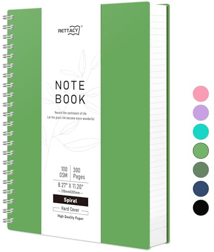 RETTACY A4-Spiralblock, blanko, Spiralbindung, Skizzenbuch, 300 Seiten/150 Blatt zum Zeichnen, 120 g/m², Kunststoff-PVC-Hardcover, zum Schreiben von Frauen und Männern, Schule, 21,5 x 27,9 cm, Grün