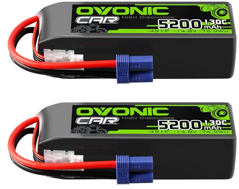 OVONIC Lot de 2 batteries Lipo 4S 14,8 V 5200 mAh 130 C avec fiche EC5 pour voiture RC camion truggy quadcopter hélicoptère camion bateau avion