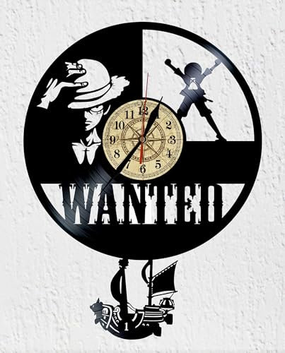 VINY WOODY Schallplattenuhr mit Pendel Wanted Luffy Pirat des blauen Meeres Wanddekoration, originelles Geschenk