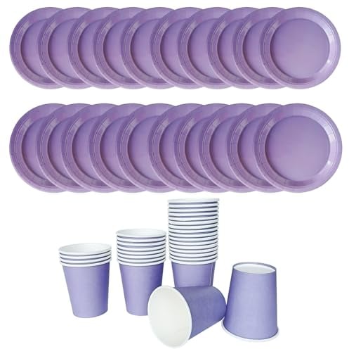Party Tableware Set, 30 Pcs Disposable Paper Plates Cups Round Party Plates Solid Colour Paper Tableware Dinnerware, Party Supplies for Picnic, Birthday, Wedding, Baby Shower Party Decoration (Purple)