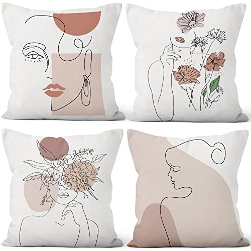 Federe Cuscini Rosa Antico, Uiiooazy Divano Fodera per Cuscino Astratta Donna Facciale Minimalista Decorativa Velluto Copricuscini per Giardino Soggiorno Camera da Letto Auto Maison, Set di 4, 40x40cm