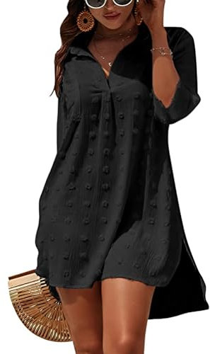 Minicoco Women Beach Cover Up Button Down Shirt Dresses Cotton Shirt Long Beachwear Chiffon Beach Dress Swimsuit Bikini Cover-Up 3/4 Sleeve Beachwear Swiss Dot Tops