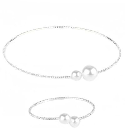 HSIXHAF Set aus Perlenkette und Armband, 2 pcs, Nachahmung Perle Offene Halskette Einfache Einschicht Armbänder Silber Kristall Zarte Offene Choker Halskette Schmuck für Frauen und Mädchen, Silber