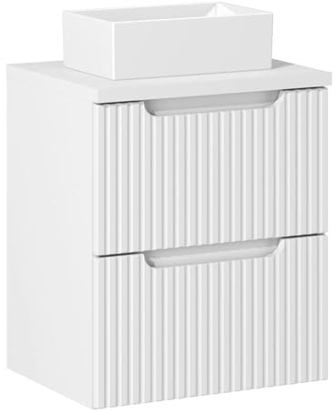Lomadox Badezimmer Waschtisch 50cm mit Keramikwaschbecken, weiß mit gerillter Front