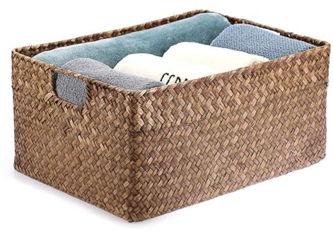 IGNPION Seagrass Storage Opened Basket Living Room Decorative Baskets Woven Wicker Towel Basket Rectangular Bathroom Storage Organiser Box, Shelves & Desks Multipurpose Storage Hamper, XL