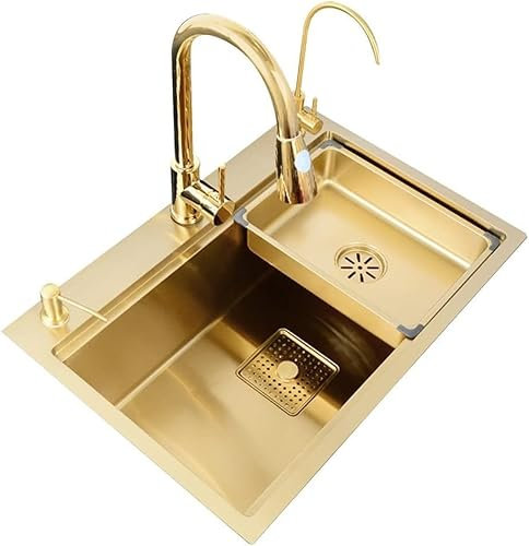 Einzelbecken Küchenspüle für Wohnungen und Villen, Einbauspüle aus Edelstahl, Großraum-Einzelbeckenspüle, Dekoration für Zuhause und Restaurant, goldene Spüle mit Siphon (Farbe: Go