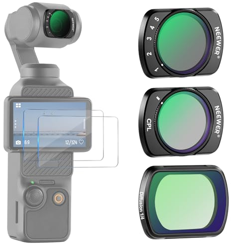 NEEWER Magnetic Variable ND2-32&1/4 Black Diffusion&CPL Filter Set Compatible with DJI Osmo Pocket 3 Creator Combo Accessories, Neutral Density Polarizing Cinematic Effect Filters, 2 Screen Protectors