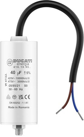 Condensateur 40 uF pour Moteur Monophasé - Utilisation pour Kärcher, Pompe de Piscine, Porte de Garage - 425/450V/475V - Condensateur de Démarrage/Permanent avec Câble