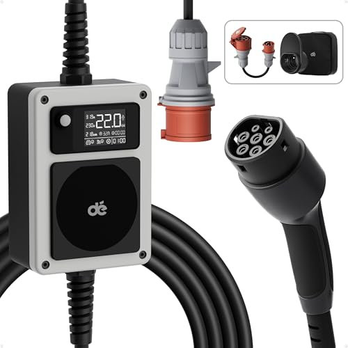 dé Mobile Wallbox 22kW [3-phasig|10m|6-32A] mit Ladekabel, CEE auf Typ 2 mit Stromzähler, EV Ladegerät/Ladestation für Zuhause Model Y/3, ID.3/4/5, MG4, EX30, e-up, e-tron, Zoe und andere EV/PHEV