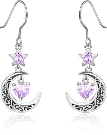 Qings Boucles d'oreilles Lune en Argent 925 avec Grenat Améthyste Aigue Marine Emeraude Rubis Péridot Saphir Pendantes Boucles d'oreilles d'étoile Celtique avec Cœur de Pierres de Naissance pour Femme