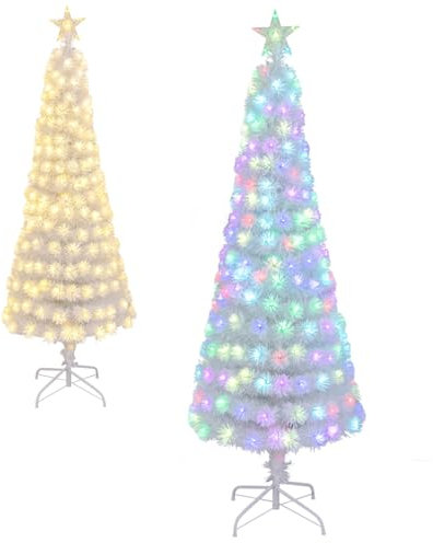 GYMAX 5FT/6FT Pre-lit Fiber Optic Christmas Tree, White Slim Pencil Xmas Tree with LED Lights, 7 Lighting Modes, 4-Level Speed, Timer, Remote Control, Xmas Decor for Home Office Party (180cm)