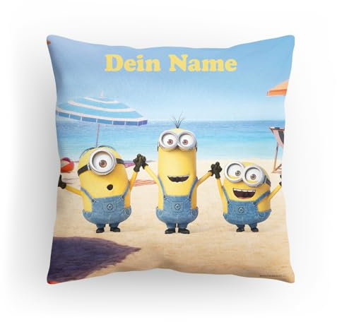 PICANOVA Kissen Minions mit Name - Personalisiertes Premium Dekokissen 30x30cm mit Füllung - Individuelles Kopfkissen für Kinder & Fans von “Ich – Einfach unverbesserlich” - Minions Beach