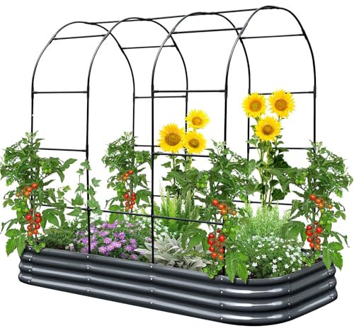 KING BIRD Hochbeet mit Rosenbogen, Pflanzkasten Gartenkasten Frühbeet Kräuterbeet mit Gartenbogen für Garten, Klettergemüse, Blumen,240x120x30 cm, Dunkelgrau