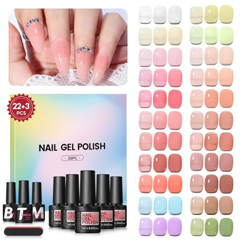 COSCELIA 25pcs Vernis Semi Permanent Jelly Base et Top coat, 22 Couleurs Transparent Gelée Lot de Vernis à Ongles Gels Série Transparente Blanc Nude Rose Sèche sous Lampe UV/LED