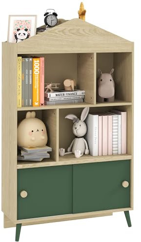AIYAPLAY Kinderbibliothek Aufbewahrung Kinderbuch Regal Kinderzimmer Aufbewahrungsmöbel für Spielzeug mit 4 Nischen, Schrank für Spielzimmer, Kinderzimmer, Wohnzimmer - 80 x 30 x 140,5 cm grün