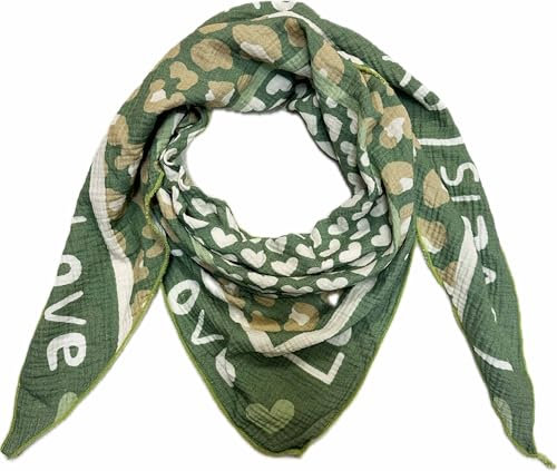 J26 Love Herz Leopard Dreieck Schal aus 100% Baumwolle Frühling Unisex Uni Fashion Stola Tuch Übergangszeit Italy Sommer Strickschal Strick Tuch Heart Leo (Dunkelgrün)