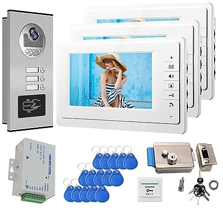SMTYXS 7 Inch Color Video Door Phone Doorbell RFID Access Control Camera System For 2/3/4Unit Multi Apartments Intercom(530-V70F-V3)