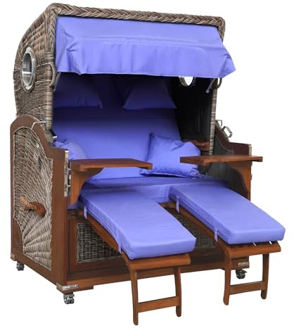 Webavita Strandkorb Bali Teakholz | 2,5-Sitzer | Montiert | Geflecht Grau | Bezug Lavendel | Halblieger | Beach Chair für den Garten Terrasse Balkon