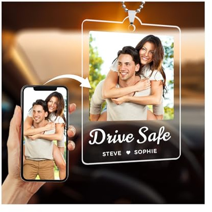 Individuelles Auto-Rückspiegel-Ornament, personalisierte Acryl-Foto-Hängedekoration mit Text, Autozubehör für Frauen & Männer, individuelles Bildgeschenk für Weihnachten, Geburtstag, Jahrestag