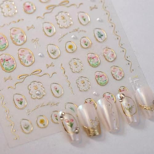YJHAT 1 Sheet 5D Embossed Flower Nail Art Stickers, Tulip Self Adhesive Nail Decals with Gold Hollow Designs, DIY Nail Supplies Accessories for Women Girls Nail Tips Decoration