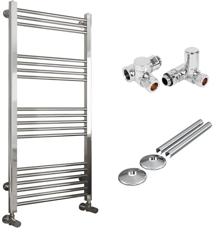 Chrome Bathroom Straight Heated Towel Rail Radiator 500 x 1600 Dual Fuel Manual Corner Valves with Pipe Covers & Collars