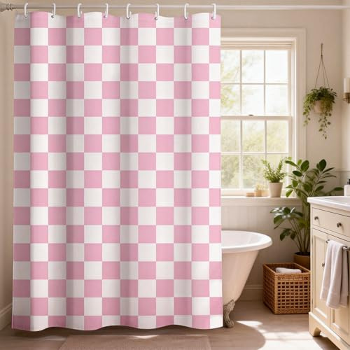 WELTRXE Rideau de Douche Rose 180 x 200 cm, Rideau de Baignoire Anti-moisissure en Tissu avec Motif à Carreaux Rétro, Imperméable, Lavable