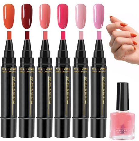 MADGININE 6PCS Polish Nail Polish Pens, 3 In 1 Nail Varnish Pens, Portable One Step DIY Gel Nails Polish Pen Set, Nail Polish Gel Pen for Girls and Ladies