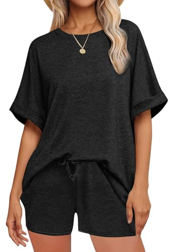 NLAND Mujer Conjunto Chándal 2 Piezas De Pantalones Verano Cortos Con Casual De Camiseta Bolsillos Y Cuello Redondo Top，Negro，M
