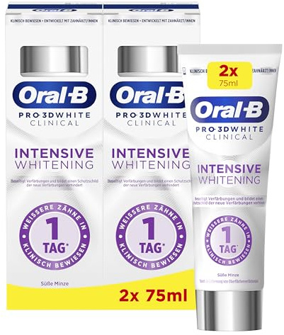 Oral-B 3DWhite Zahnpasta, Clinical Intensive Whitening, 2x 75ml | Weißere Zähne In 1 Tag, Zahnschmelzschonend für Empfindliche Zähne Und Tägliche Anwendung, Süße Minze