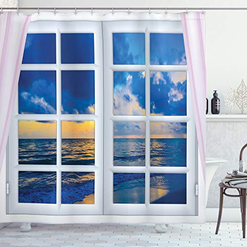 ABAKUHAUS Landschaft Duschvorhang, Sonnenuntergang Meer Landschaft, Stoffliches Gewebe Badezimmerdekorationsset mit Haken, 175 x 200 cm, Blau Weiss