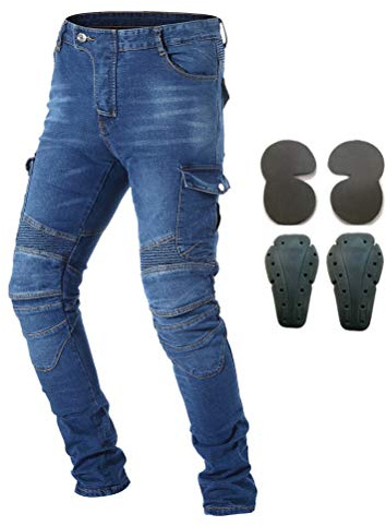 Men Motorcycle Riding Protective Pants Denim Jeans with Armor 4 X Knee Hip Pads (Blue, XXXL=38)