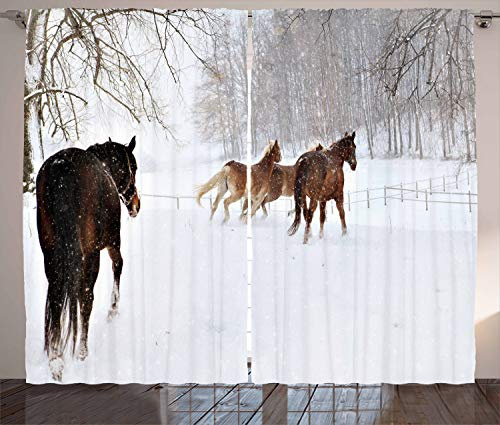 ABAKUHAUS Winter Rustikaler Vorhang, Pferde in der verschneiten Wald, Wohnzimmer Universalband Gardinen mit Schlaufen und Haken, 280 x 175 cm, Weiß und Braun