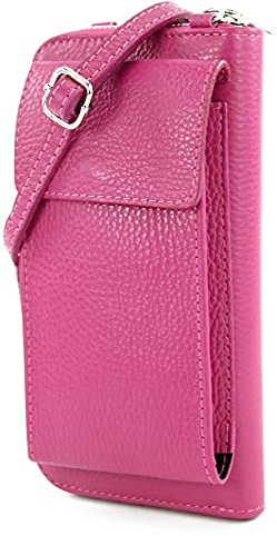 modamoda de P06 Damen Leder Umhängetasche Geldbörse Handytasche 6,5 Zoll handmade in Italy, Farbe:Pink