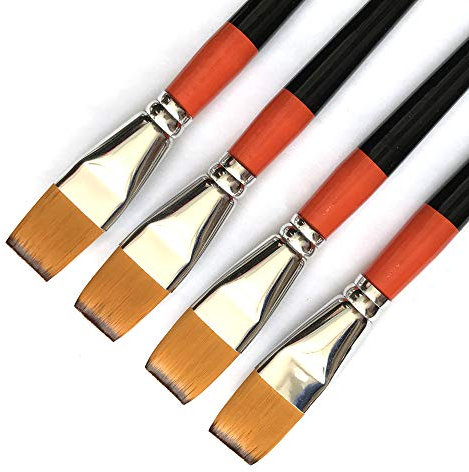 One Inch Flat Paint Brush, Pack of 4, Premium Quality Synthetic Sable Hair for Acrylic Watercolour Oil Gouache Painting by Students, Professionals and Artists