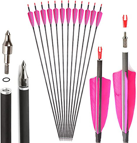 SHARROW 33 Zoll Carbon Pfeile für Bogenschießen Carbonpfeil Spine 400 Jagd Pfeile Carbon Jagdpfeile mit 4 Zoll Natürliche Federn Pfeile für Pfeil Bogen Recurvebogen Compoundbogen Jagd (pink, 12p)