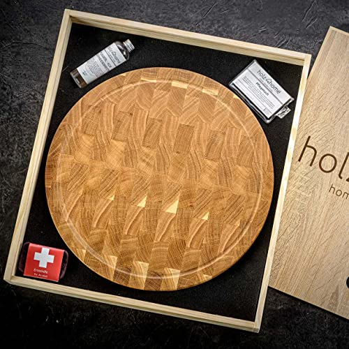 Premium Schneidebrett-Set rund aus europäischer Eiche von holz4home® | Maße: 40 cm x 4 cm (B x H) | Geschenkset-Inhalt: Pflegeöl, Schleifschwamm, Pflegetuch, Gebrauchsanleitung (Pflegehinweise)