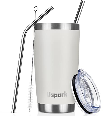 UsparkMC 20oz 550ml Tumbler Stainless Steel with Lid and Straw,Double Wall Vacuum Insulated Coffee Travel Mug for Hot & Cold,Reusable Cup,BPA Free,White
