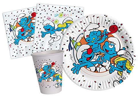 Kit Party Tavola Puffi per 24 persone (88 pezzi: 24 piatti Ø18cm, 24 bicchieri 200ml, 40 tovaglioli 33x33cm) in carta compostabile eco-friendly