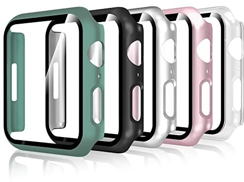 Bigqin 5PCS Custodia Compatibile per Apple watch Series 9/8/7 41mm,5PCS Pellicola Protettiva,TPU Protezione Cover Compatibile per Apple watch Series 8 7 41mm,Trasparente/nero/argento/oro rosa/verde