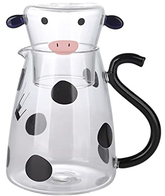 JUKIDS Brocca di vetro di mucca, brocca d'acqua da 0,5 litri con coperchio/maniglia, carina brocca di succo di succo di acqua fredda per succo di bevande calde e fredde succo di tè latte frigorifero
