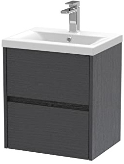 Hudson Reed HAV2202A Havana Modern Bathroom Wall Hung 2 Drawer Vanity Basin Unit & Mid-Edge Ceramic Basin, 500mm, Woodgrain Graphite Grey