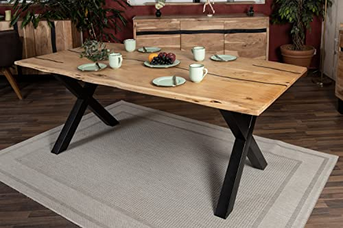 SAM Baumkantentisch 240 x 100 cm Polly, Epoxidharz-Adern in Schwarz, Akazienholz massiv + naturfarben, Esstisch mit X-Eisengestell Schwarz, Tischplatte 26 mm, Esszimmertisch mit echter Baumkante