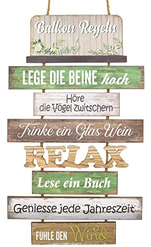 Schild mit Balkonregeln zum Hängen Holz Tafel Wand-Deko H=57,5 cm + 13 cm Hänger